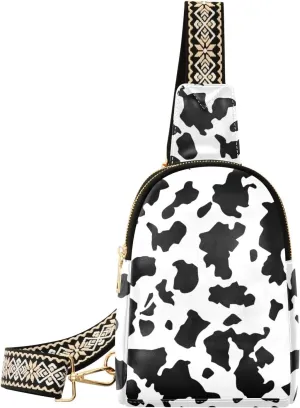 Sling Chest Bag Daypack Croddbody Backpack Cow Print Leather Waterproof Sling Backpack for Travel Sports Running Hiking, Double-Compartment Zippered Leather Sling Chest Bag