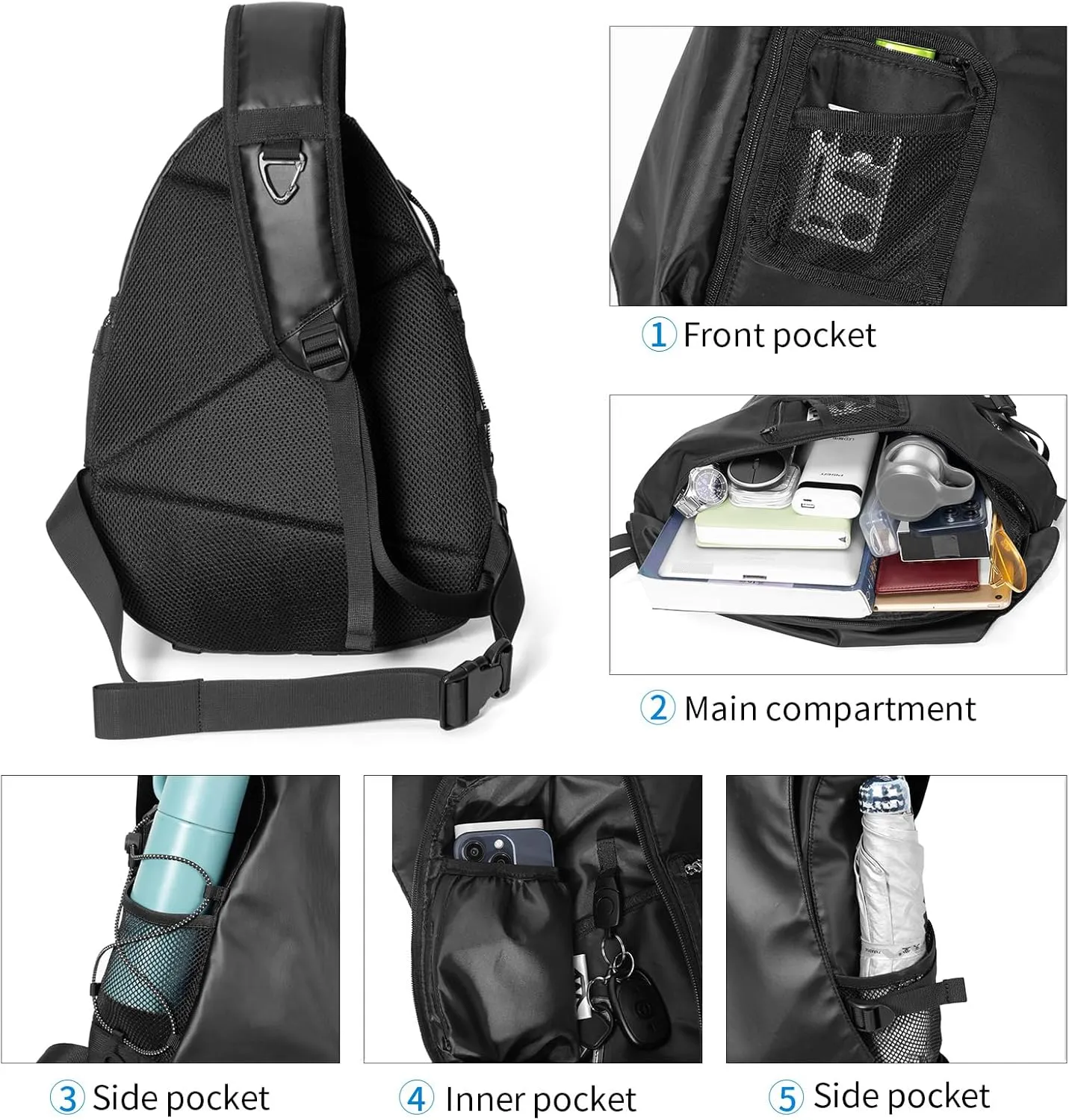 Sling Crossbody Backpack Shoulder Bag for Men Women One Strap Sling Bag Backpack for Hiking Walking Biking Travel Cycling (leather black, 18L)