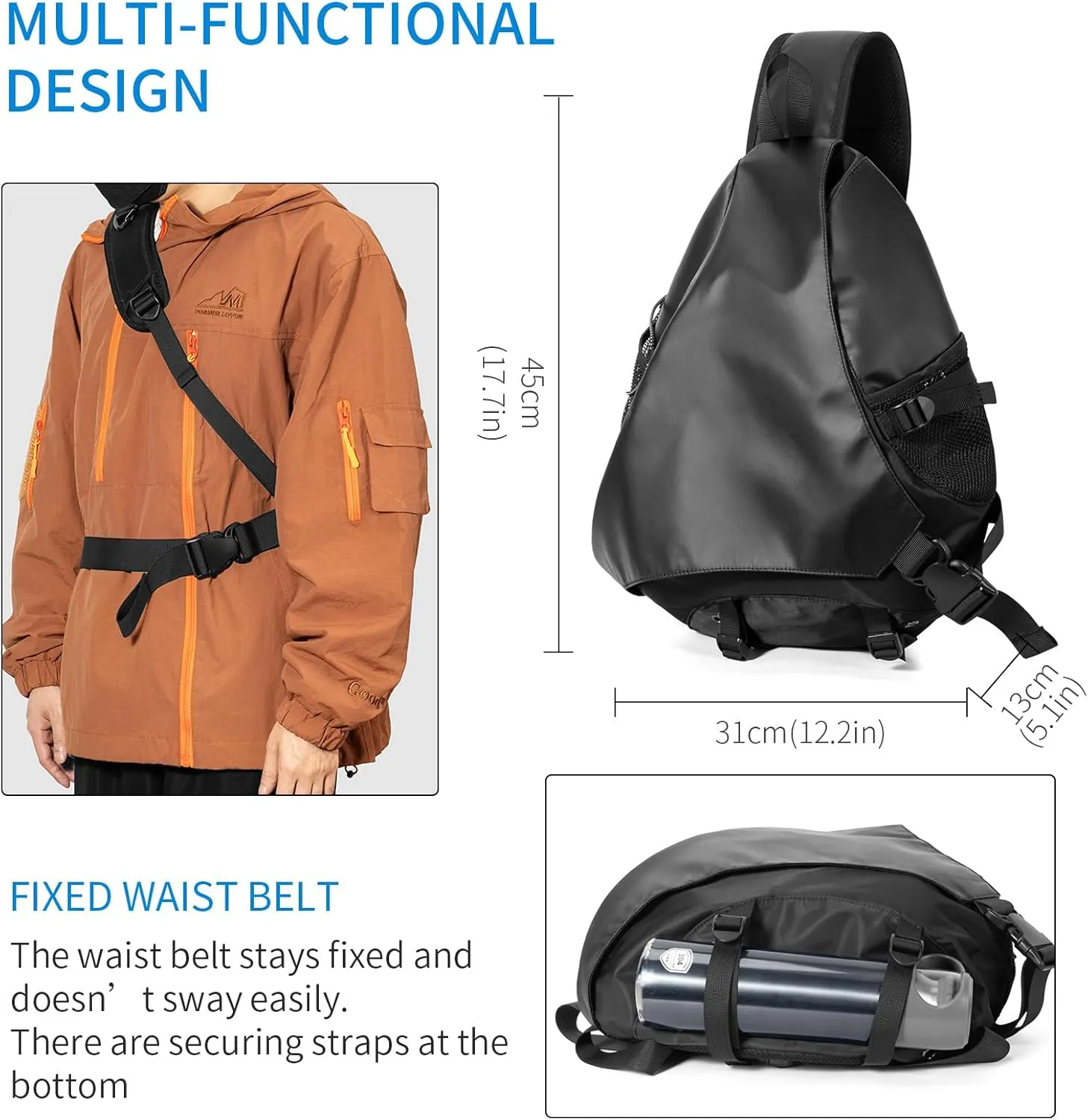Sling Crossbody Backpack Shoulder Bag for Men Women One Strap Sling Bag Backpack for Hiking Walking Biking Travel Cycling (leather black, 18L)