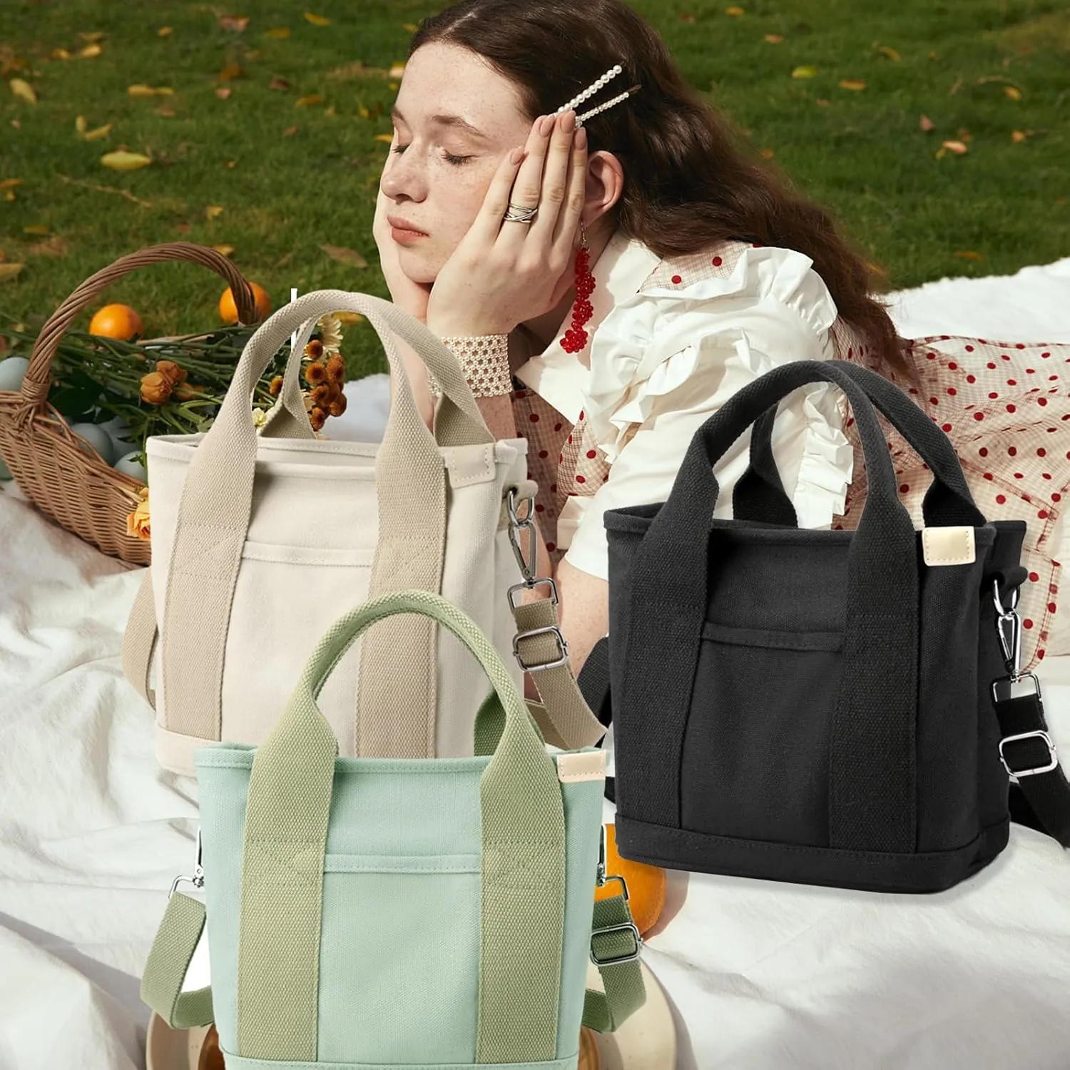 Small Canvas Tote Bag with Zipper, Crossbody Bag Shoulder Bag Handbag Messenger Bag for Women, Shopping, School