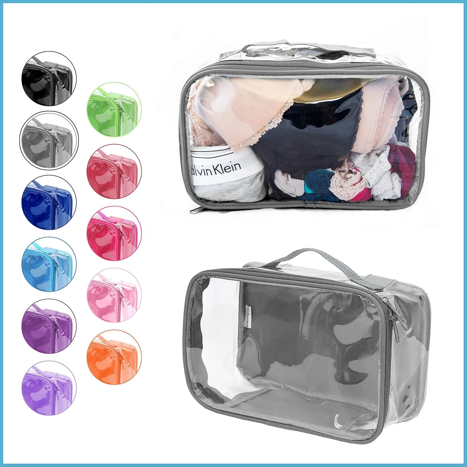 Small Clear Travel Packing Cube/See Through PVC Plastic Pouch for Carry On Suitcase, Backpack or Diaper Bag/Transparent Multipurpose Accessories, Makeup & Underwear Organizer w/Handle (Gray)