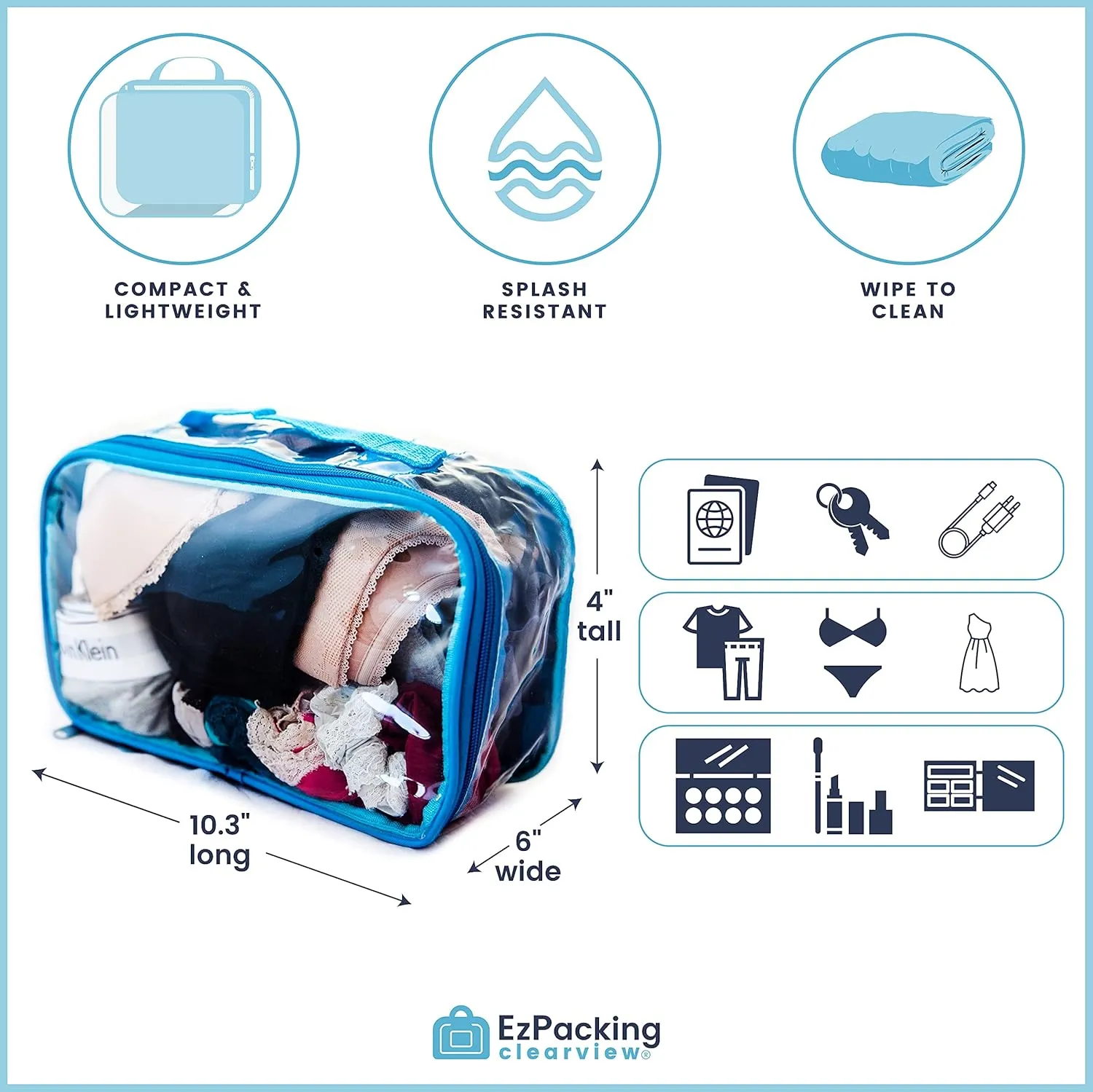 Small Clear Travel Packing Cube/See Through PVC Plastic Pouch for Carry On Suitcase, Backpack or Diaper Bag/Transparent Multipurpose Accessories, Makeup & Underwear Organizer w/Handle (Turquoise)