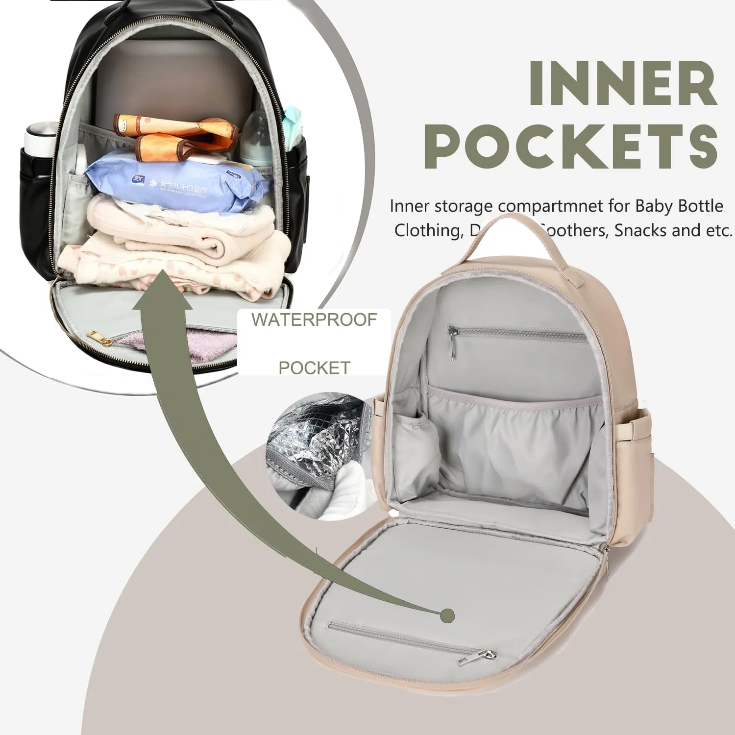 Small Diaper Backpack with Stroller Buckle, Insulated Pockets and Water-proof Pocket (Beige)
