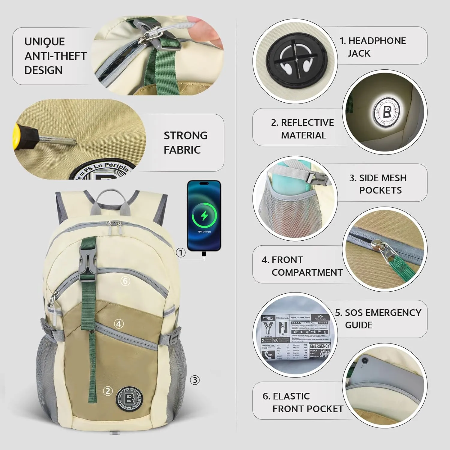 Small Hiking Backpack, 20L Lightweight Travel Backpack with Phone Pocket, Hiking Daypack for Women Men,Beige