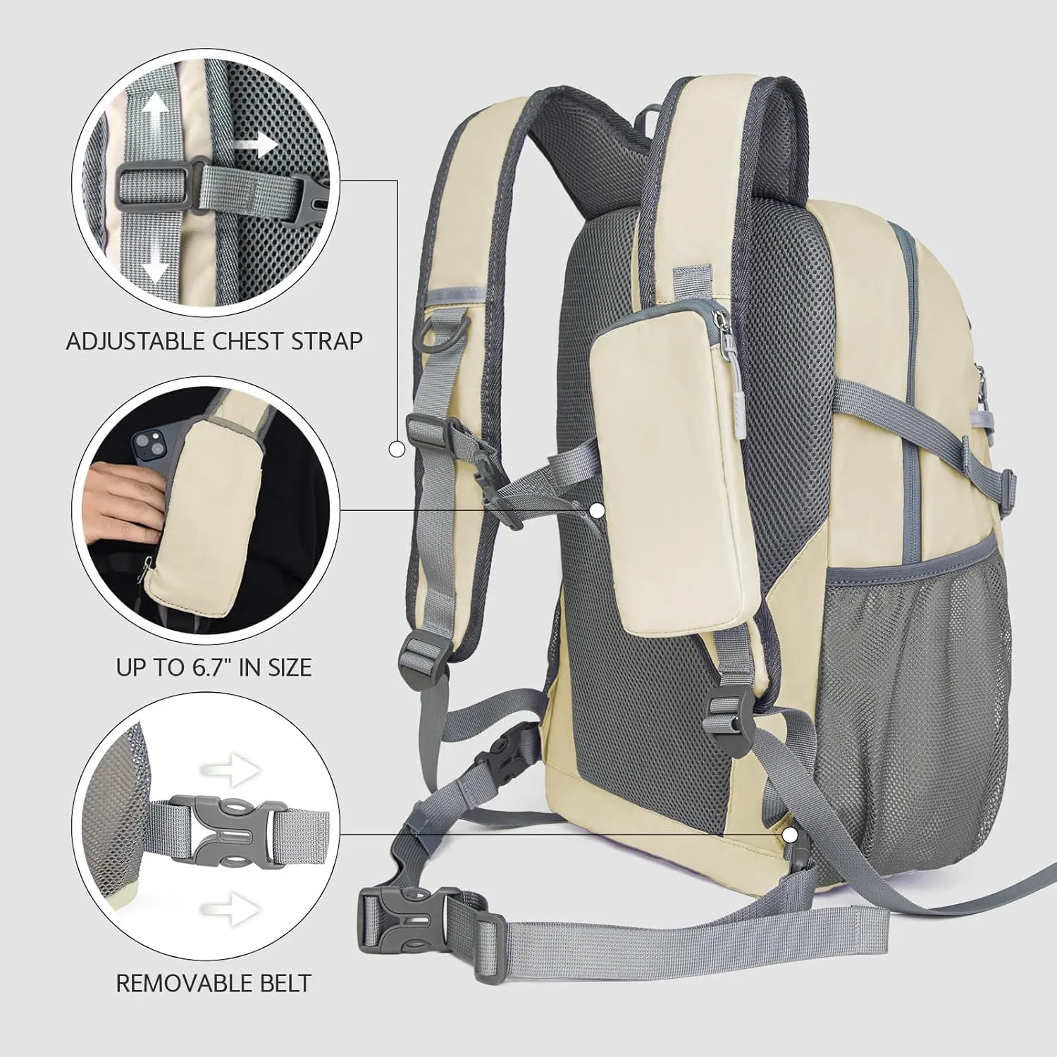 Small Hiking Backpack, 20L Lightweight Travel Backpack with Phone Pocket, Hiking Daypack for Women Men,Beige