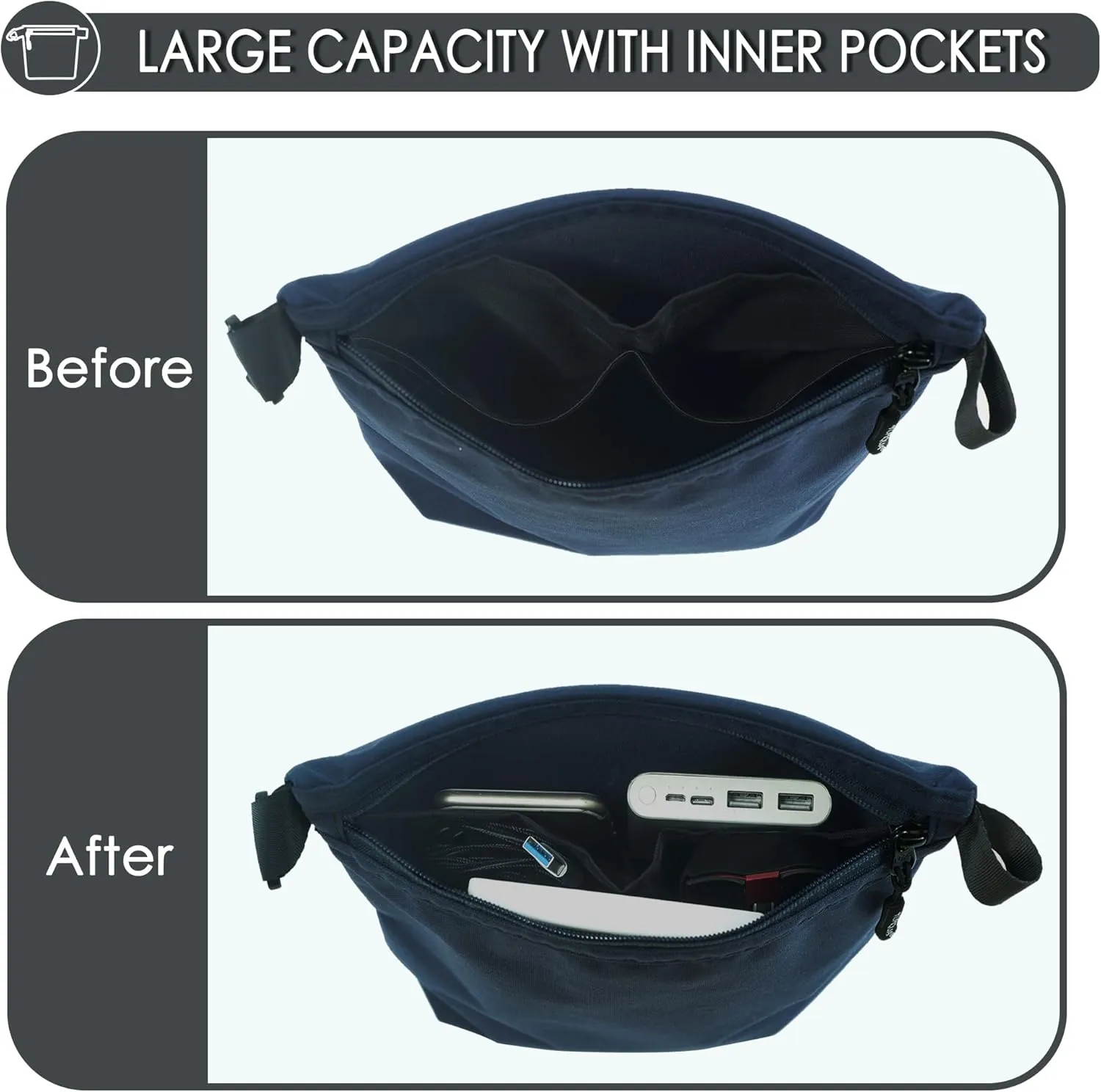 Small Pouch for Travel Essentials, Makeup Pouch Bag with Carabiner Clip on Backpack Dopp Kit Storage Pouch Organization for Toiletries, Cosmetics, Tech, Tools, Water Resistant 500D Nylon (Dark Blue)