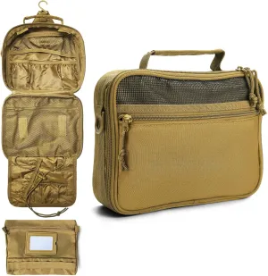 SMONT Mens Toiletry Travel Bag With Double Side full Open Design Travel Toiletry Organizer Dopp Kit Shaving Hygiene Bag Bathroom Hanging Toiletry Bag for Short Trips Tactical Toiletry Bag Khaki