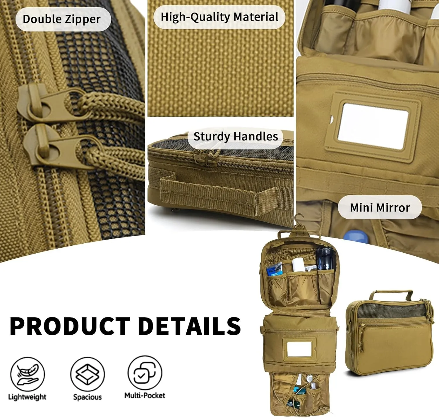 SMONT Mens Toiletry Travel Bag With Double Side full Open Design Travel Toiletry Organizer Dopp Kit Shaving Hygiene Bag Bathroom Hanging Toiletry Bag for Short Trips Tactical Toiletry Bag Khaki