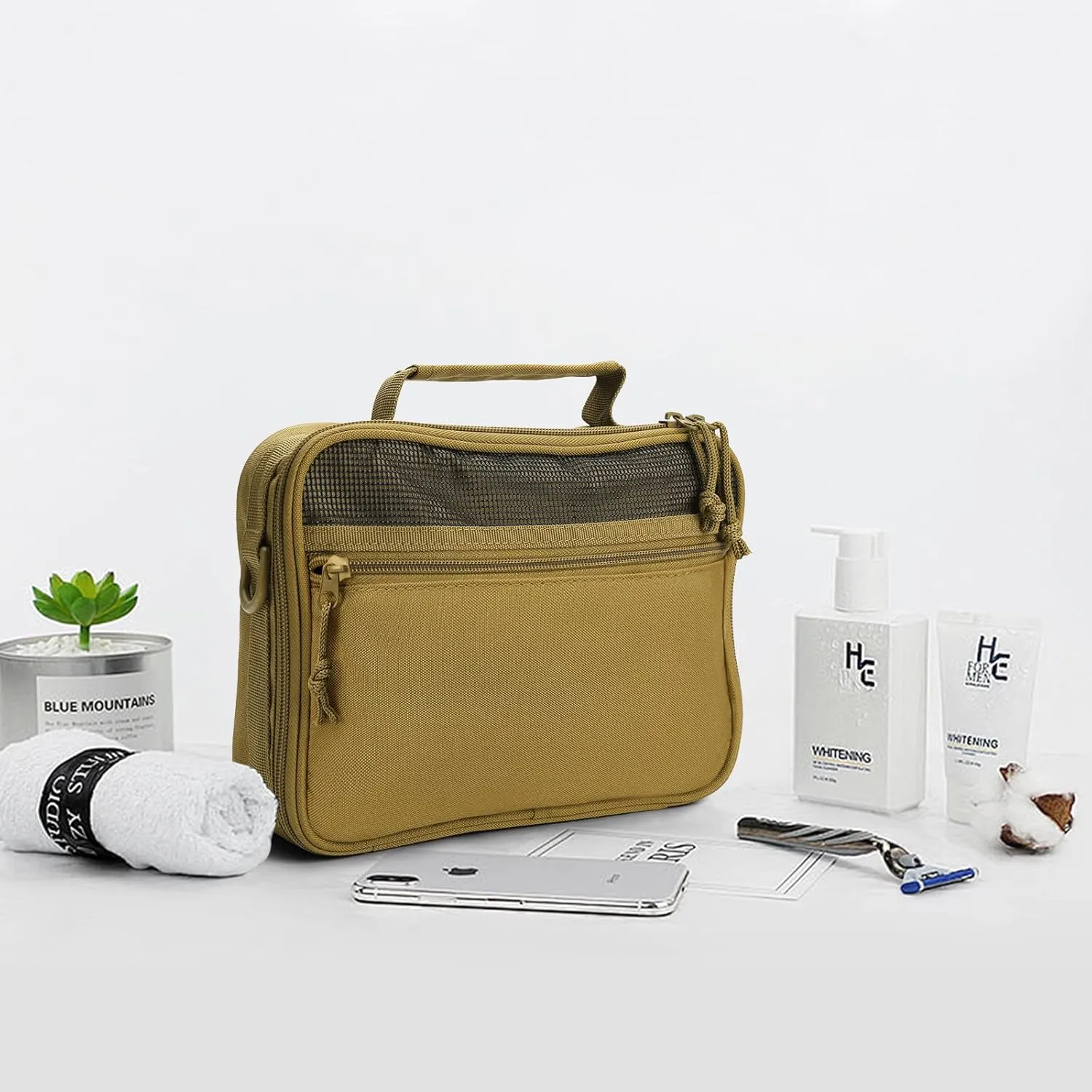SMONT Mens Toiletry Travel Bag With Double Side full Open Design Travel Toiletry Organizer Dopp Kit Shaving Hygiene Bag Bathroom Hanging Toiletry Bag for Short Trips Tactical Toiletry Bag Khaki