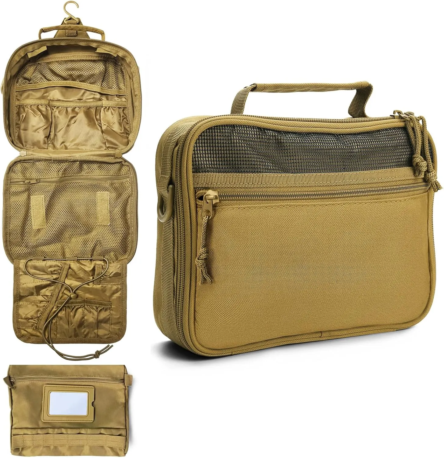 SMONT Mens Toiletry Travel Bag With Double Side full Open Design Travel Toiletry Organizer Dopp Kit Shaving Hygiene Bag Bathroom Hanging Toiletry Bag for Short Trips Tactical Toiletry Bag Khaki