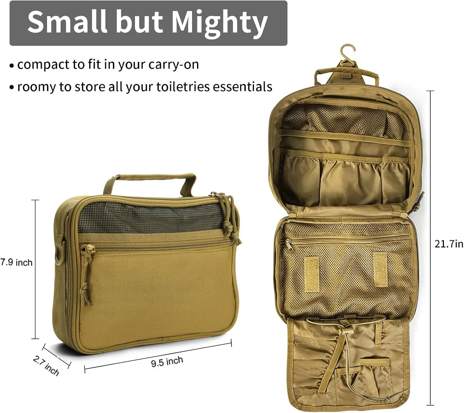SMONT Mens Toiletry Travel Bag With Double Side full Open Design Travel Toiletry Organizer Dopp Kit Shaving Hygiene Bag Bathroom Hanging Toiletry Bag for Short Trips Tactical Toiletry Bag Khaki