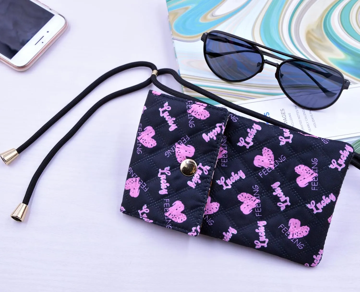 Soft Glasses Case Double Eyeglasses Case for Women with Adjustable Shoulder Strap and Key Chain Cell Phone Purse