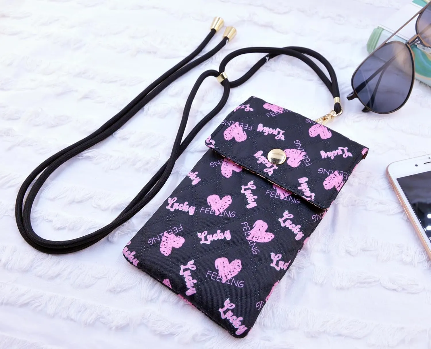 Soft Glasses Case Double Eyeglasses Case for Women with Adjustable Shoulder Strap and Key Chain Cell Phone Purse