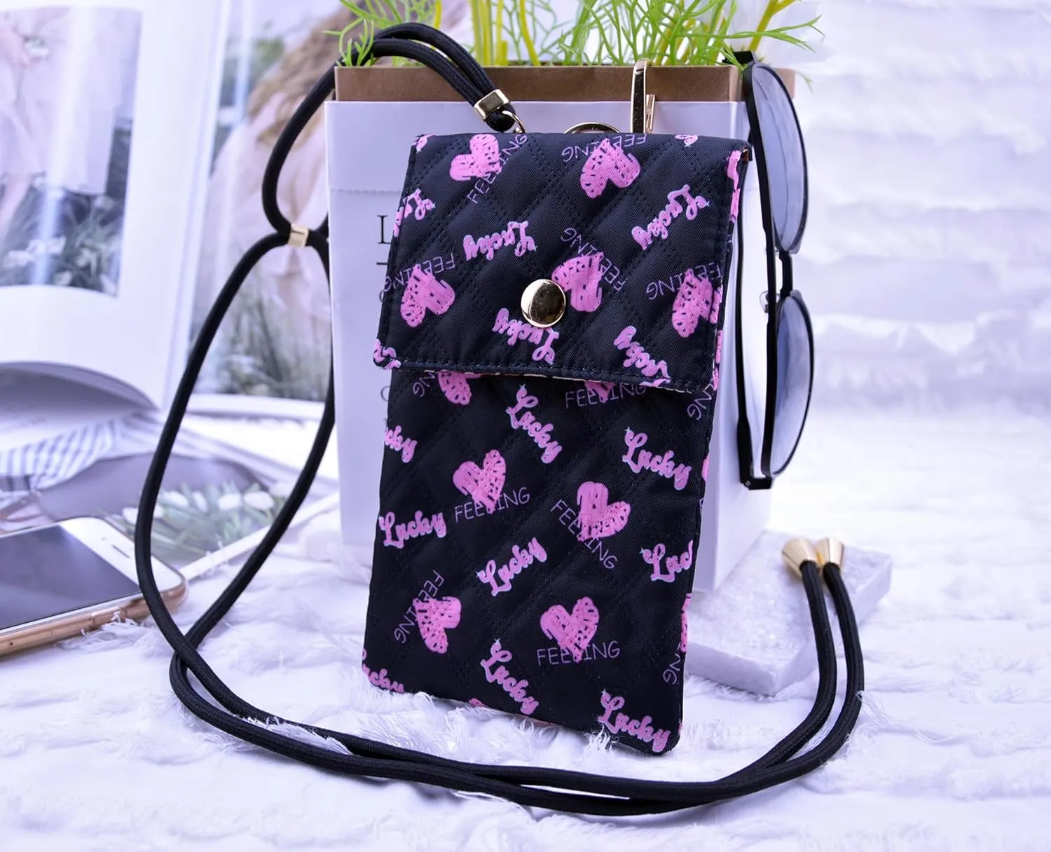Soft Glasses Case Double Eyeglasses Case for Women with Adjustable Shoulder Strap and Key Chain Cell Phone Purse