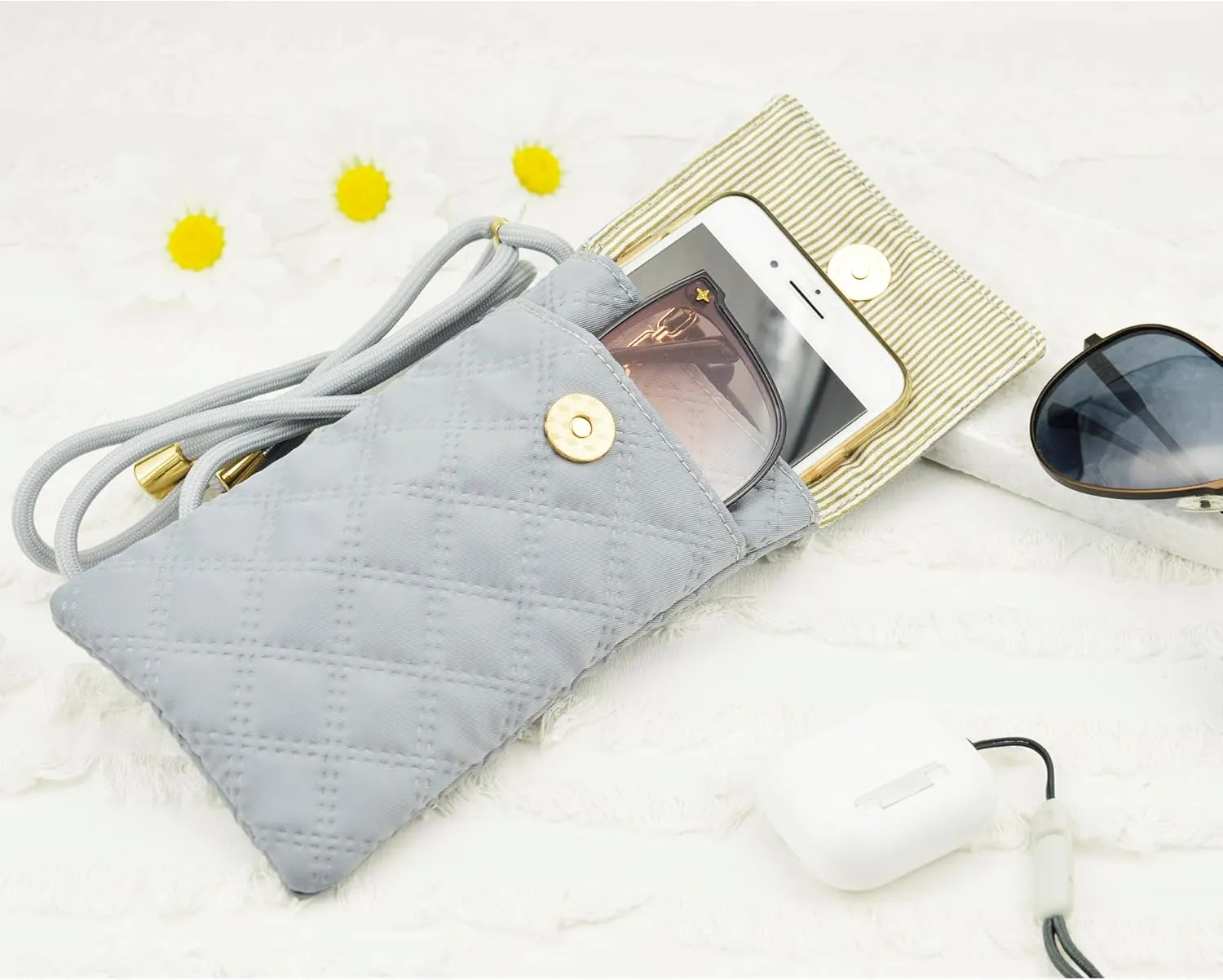 Soft Glasses Case Double Eyeglasses Case for Women with Adjustable Shoulder Strap and Key Chain Cell Phone Purse