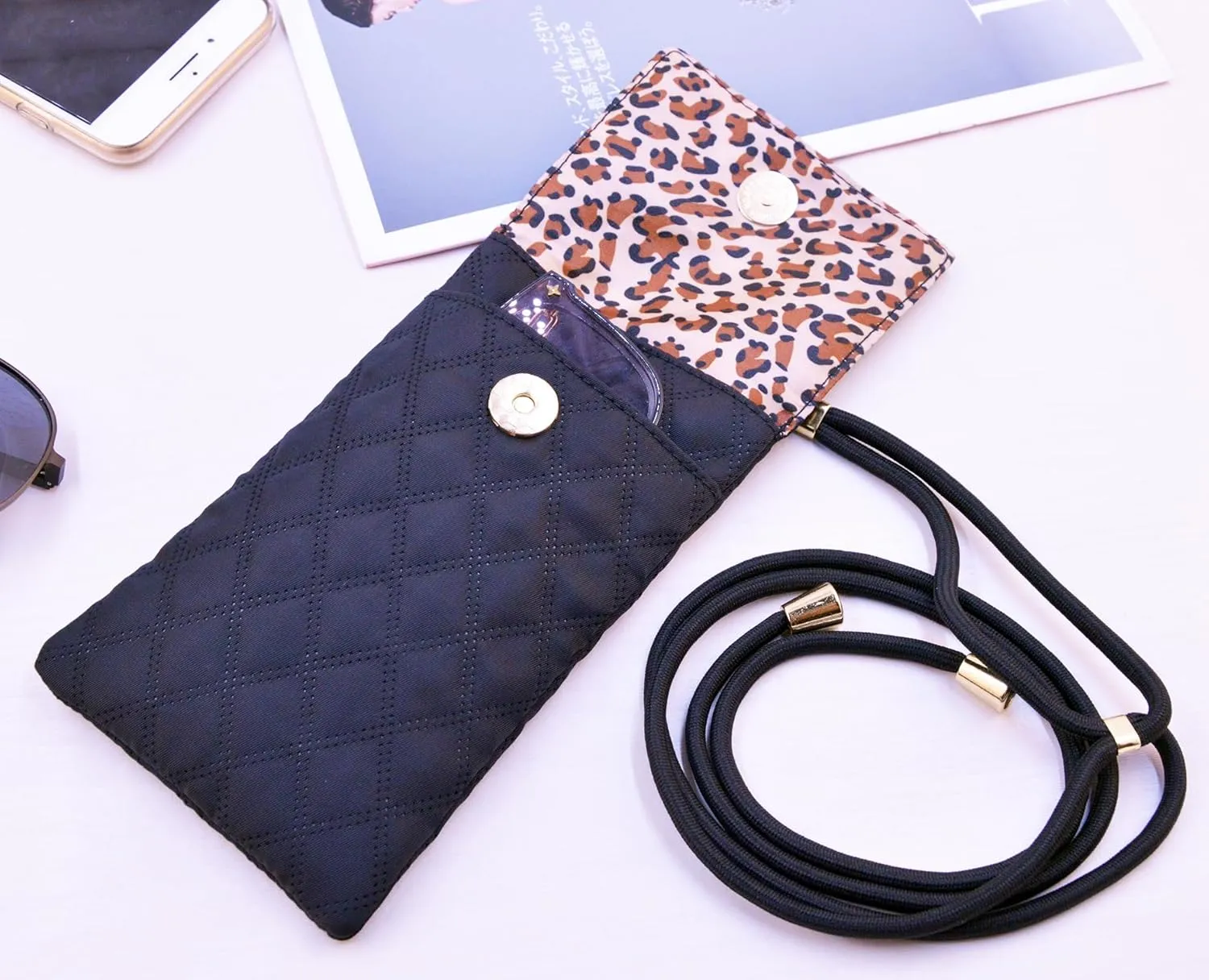 Soft Glasses Case Double Eyeglasses Case for Women with Adjustable Shoulder Strap and Key Chain Cell Phone Purse