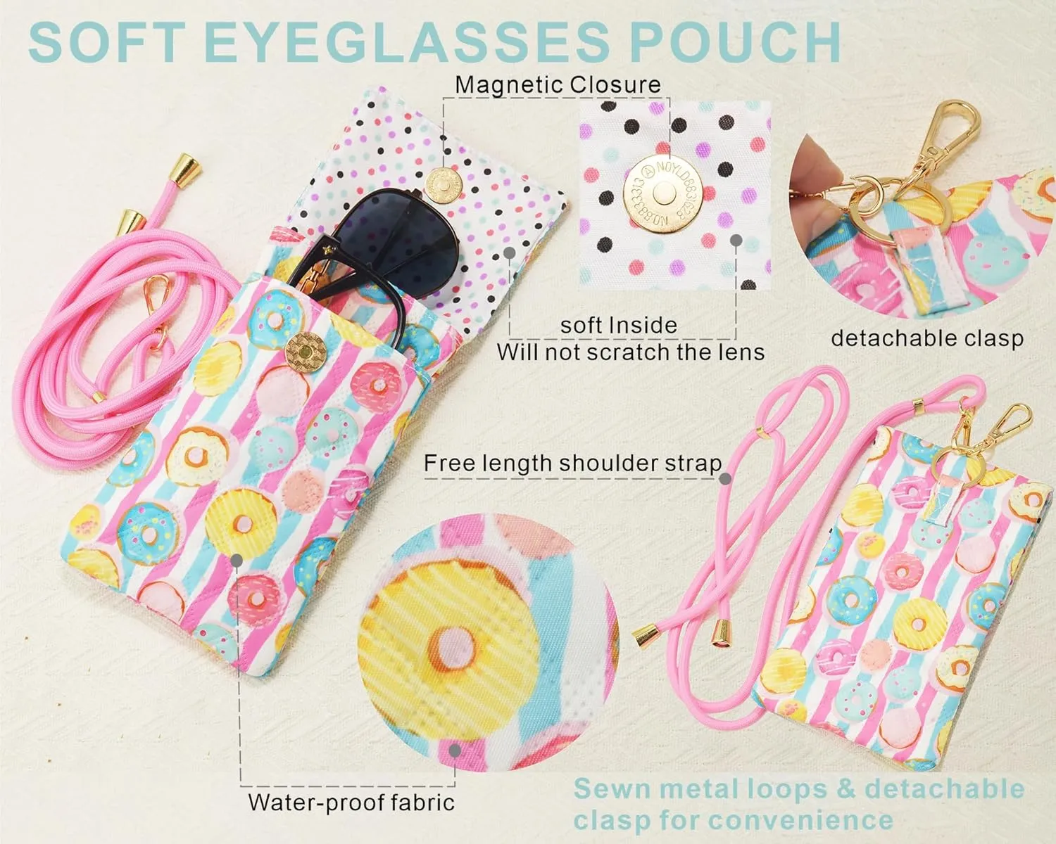 Soft Glasses Case Double Eyeglasses Case for Women with Adjustable Shoulder Strap and Key Chain Cell Phone Purse
