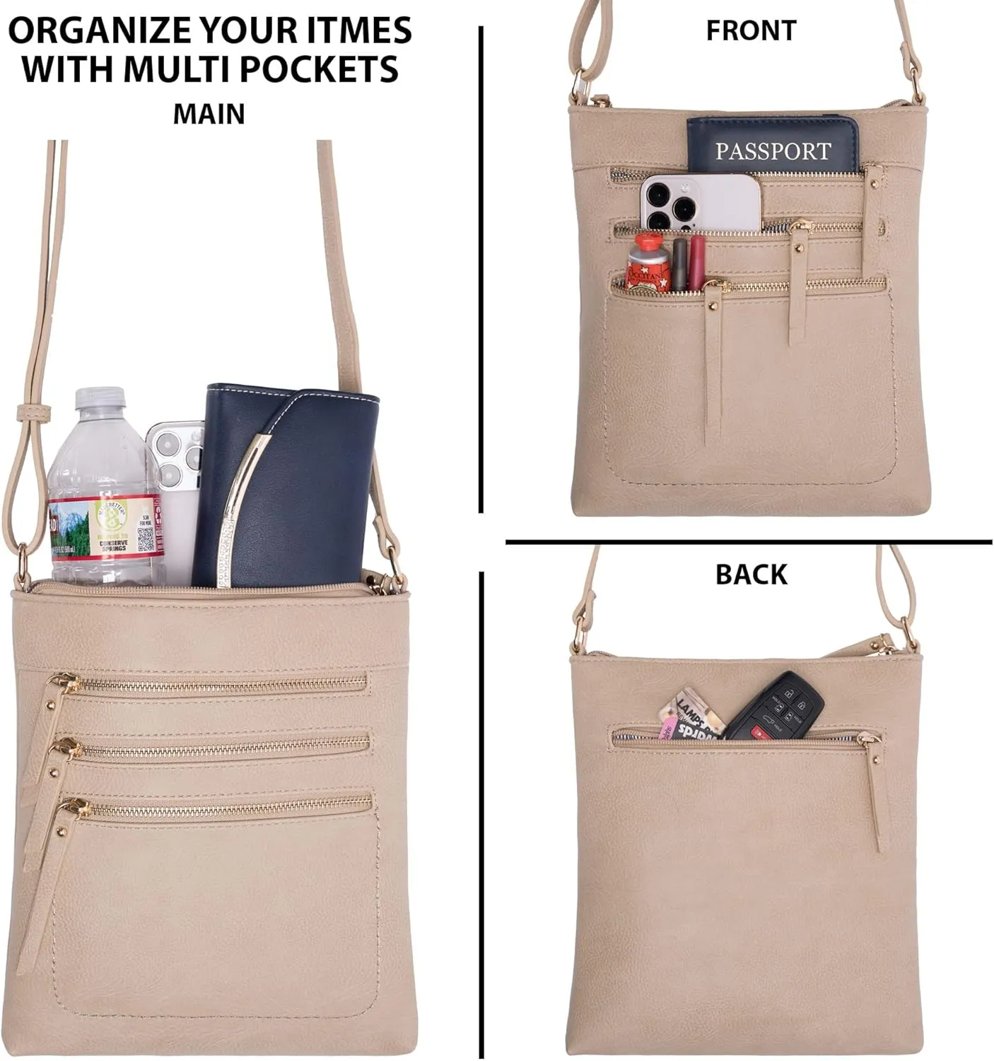 Solene Crossbody Bag Functional Multi Pocket Messenger Purse Top Zip Closure Shoulder Handbag With Adjustable Strap