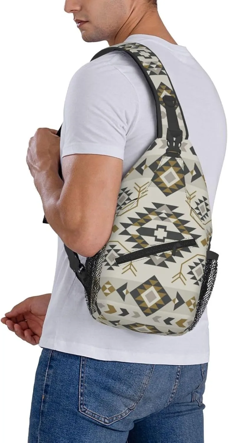 Southwest Native American Sling Bag Crossbody Backpack,Aztec Ethnic Geometric Striped Tribal Chest Bag Casual Shoulder Backpack Abstract Navajo Print Travel Hiking Daypack for Men Women