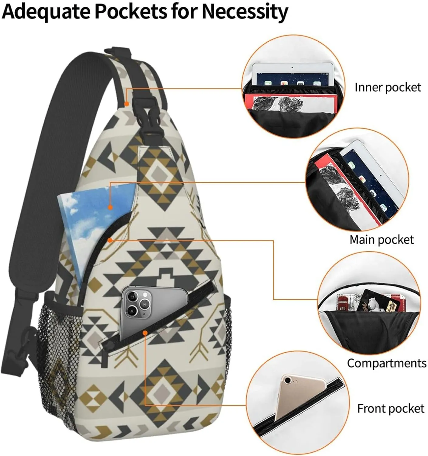 Southwest Native American Sling Bag Crossbody Backpack,Aztec Ethnic Geometric Striped Tribal Chest Bag Casual Shoulder Backpack Abstract Navajo Print Travel Hiking Daypack for Men Women