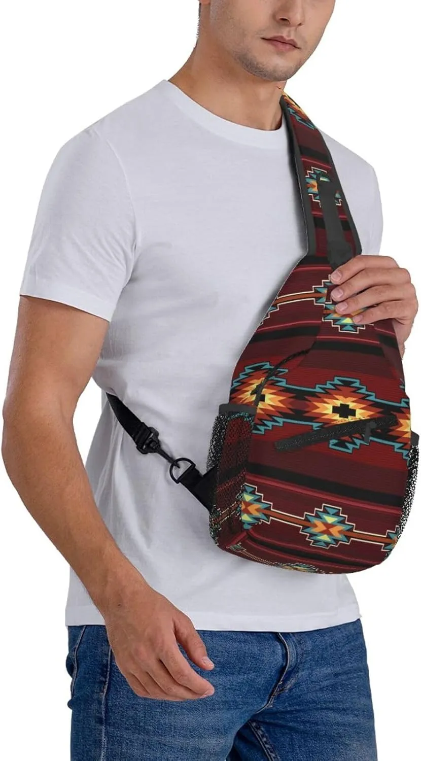 Southwest Native American Tribal Sling Bag for Women Men Aztec Geometry Striped Red Pattern Crossbody Backpack Abstract Navajo Print Sling Backpack Casual Shoulder Bag Travel Hiking Daypack