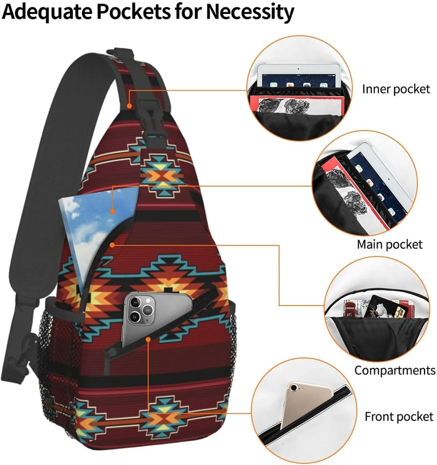 Southwest Native American Tribal Sling Bag for Women Men Aztec Geometry Striped Red Pattern Crossbody Backpack Abstract Navajo Print Sling Backpack Casual Shoulder Bag Travel Hiking Daypack