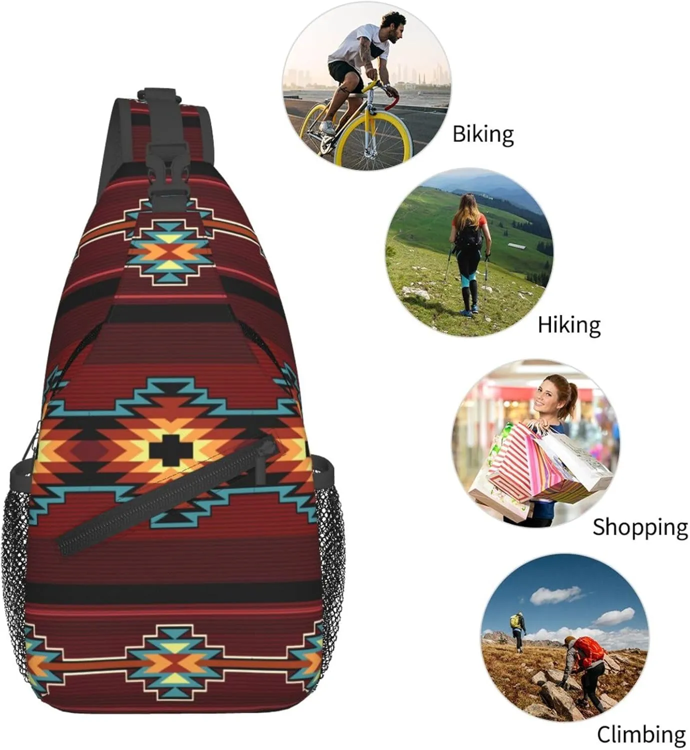 Southwest Native American Tribal Sling Bag for Women Men Aztec Geometry Striped Red Pattern Crossbody Backpack Abstract Navajo Print Sling Backpack Casual Shoulder Bag Travel Hiking Daypack