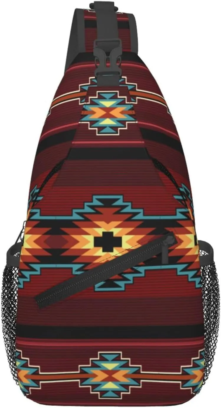 Southwest Native American Tribal Sling Bag for Women Men Aztec Geometry Striped Red Pattern Crossbody Backpack Abstract Navajo Print Sling Backpack Casual Shoulder Bag Travel Hiking Daypack