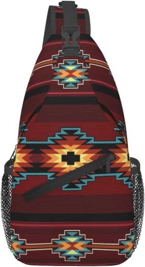 Southwest Native American Tribal Sling Bag for Women Men Aztec Geometry Striped Red Pattern Crossbody Backpack Abstract Navajo Print Sling Backpack Casual Shoulder Bag Travel Hiking Daypack