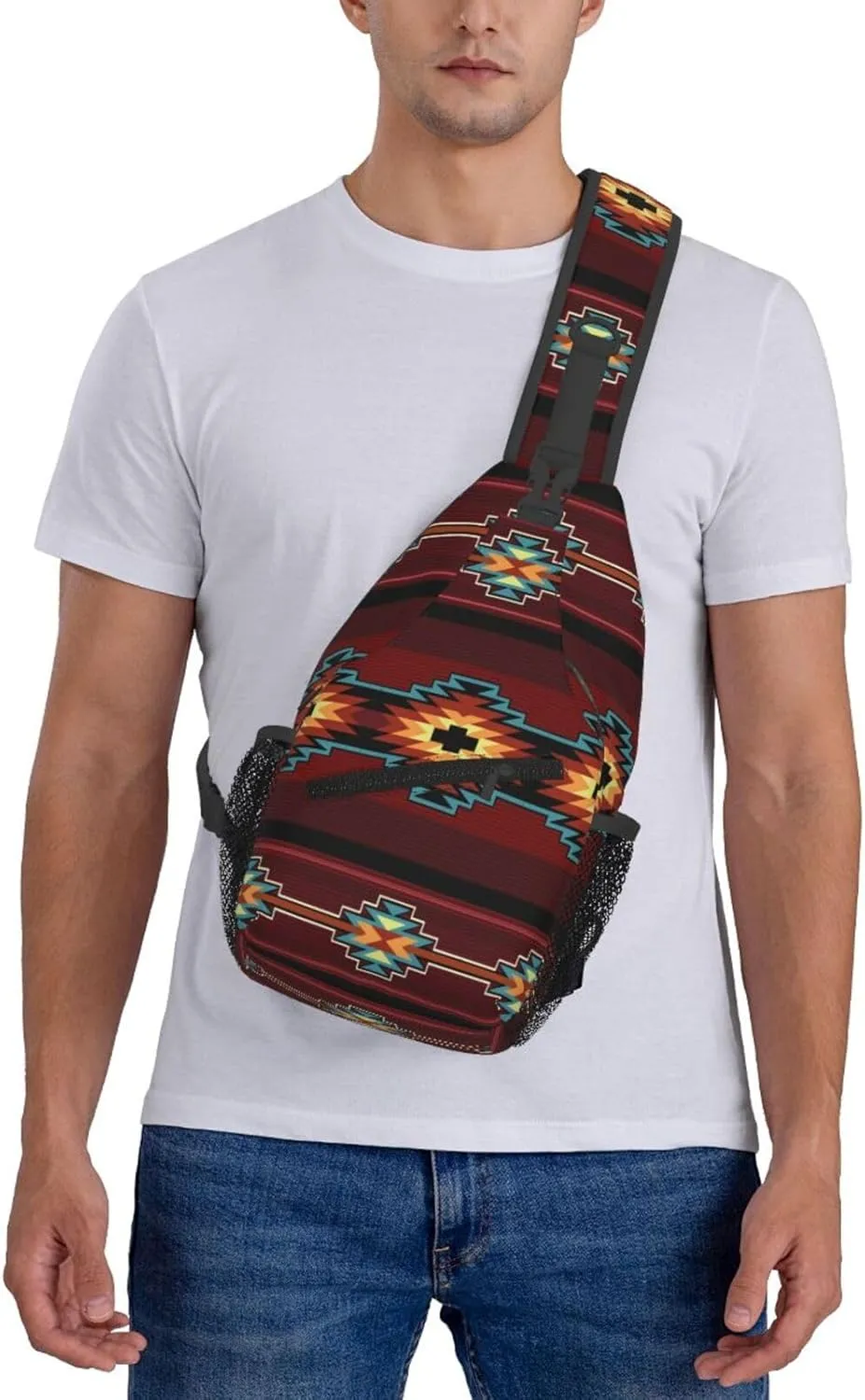Southwest Native American Tribal Sling Bag for Women Men Aztec Geometry Striped Red Pattern Crossbody Backpack Abstract Navajo Print Sling Backpack Casual Shoulder Bag Travel Hiking Daypack