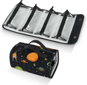 Space Galaxy Rocket Travel Toiletry Bag for Women, 4 in 1 Roll Up Makeup Cosmetic Bag With 4 Removable PVC Zipper Pouch