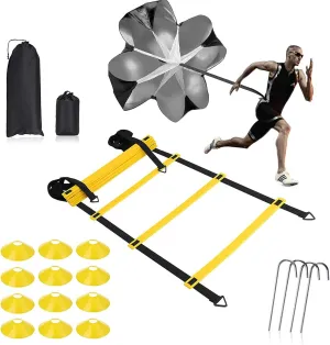 Speed Ladder Agility Training Set - 12 Rung 20Ft Agility Ladder, 12 Field Cones, 4 Steel Stakes, Resistance Parachute with Carrying Bag for Soccer Basketball Football Boxing Footwork Sports Training