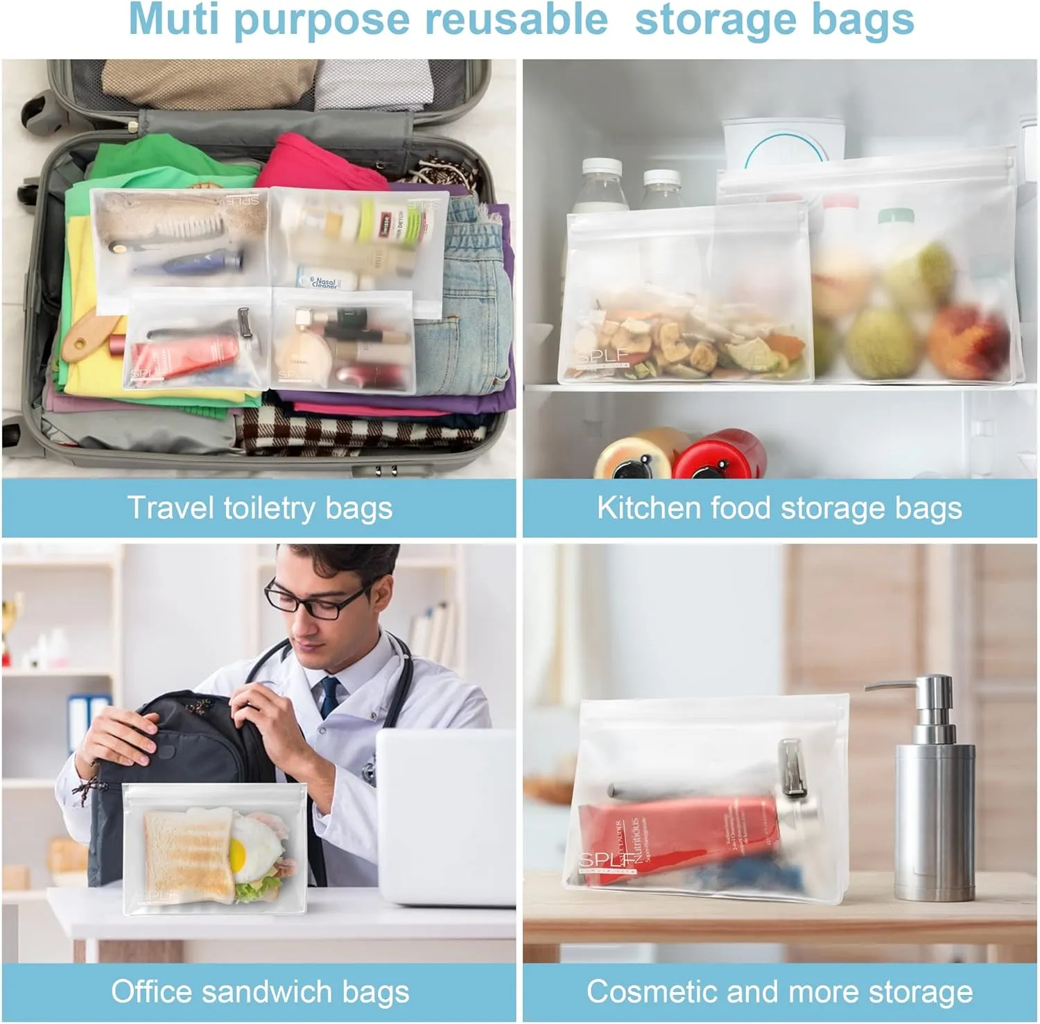 SPLF 4 Pack Leakproof Clear Toiletry bags, TSA Approved Quart Size Zipper Bags, BPA Free Travel Makeup Cosmetic Bags for Women Men, Carry on Airport Airline Compliant Bags
