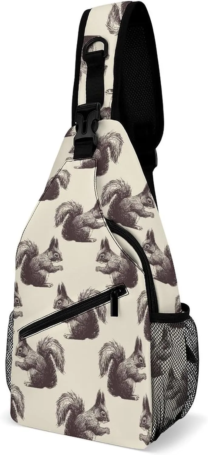 Squirrels-beige-pattern Crossbody Sling Bag for Women Men Travel Chest Bag, Cycling Shoulder Backpack
