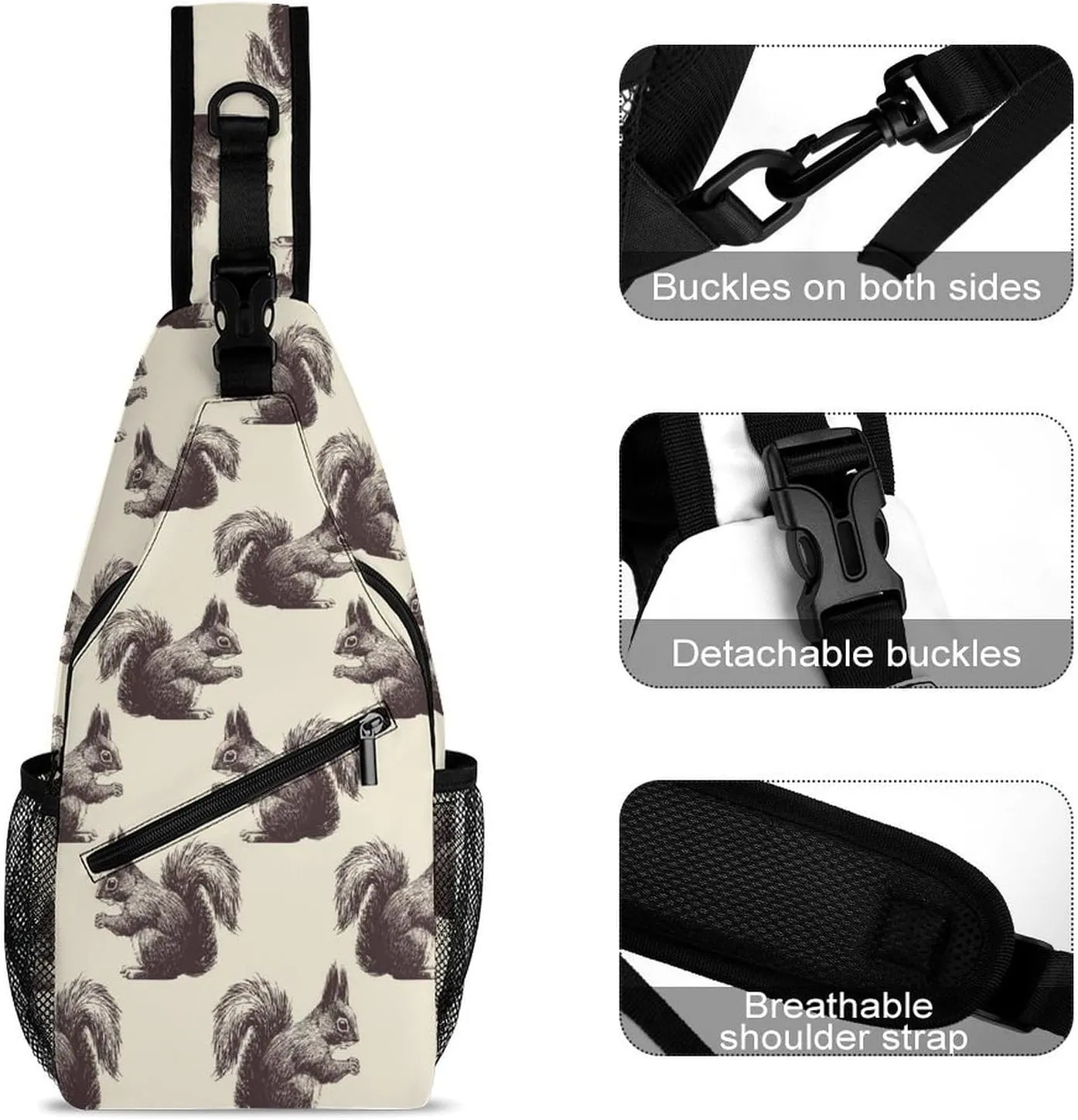 Squirrels-beige-pattern Crossbody Sling Bag for Women Men Travel Chest Bag, Cycling Shoulder Backpack