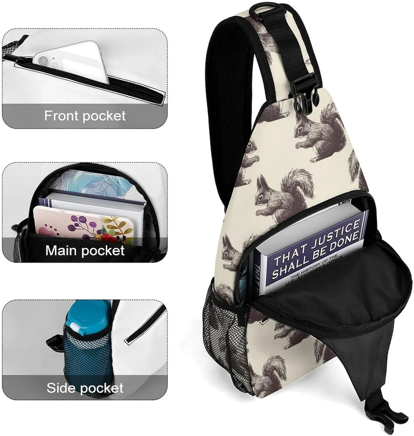 Squirrels-beige-pattern Crossbody Sling Bag for Women Men Travel Chest Bag, Cycling Shoulder Backpack