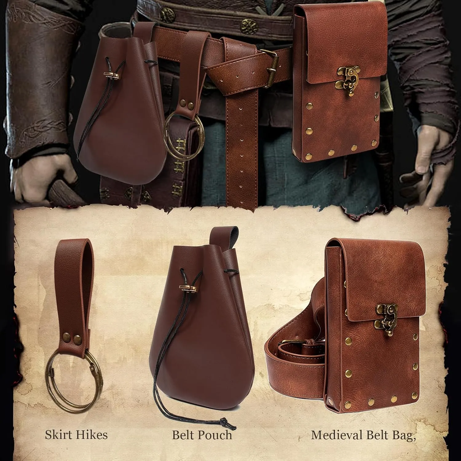 Steampunk Fashion Waist Bag Fanny Pack Belt Pouch Phone Purse Festival Medieval Renaissance Costume Retro Cosplay Accessory (2P-Brown)