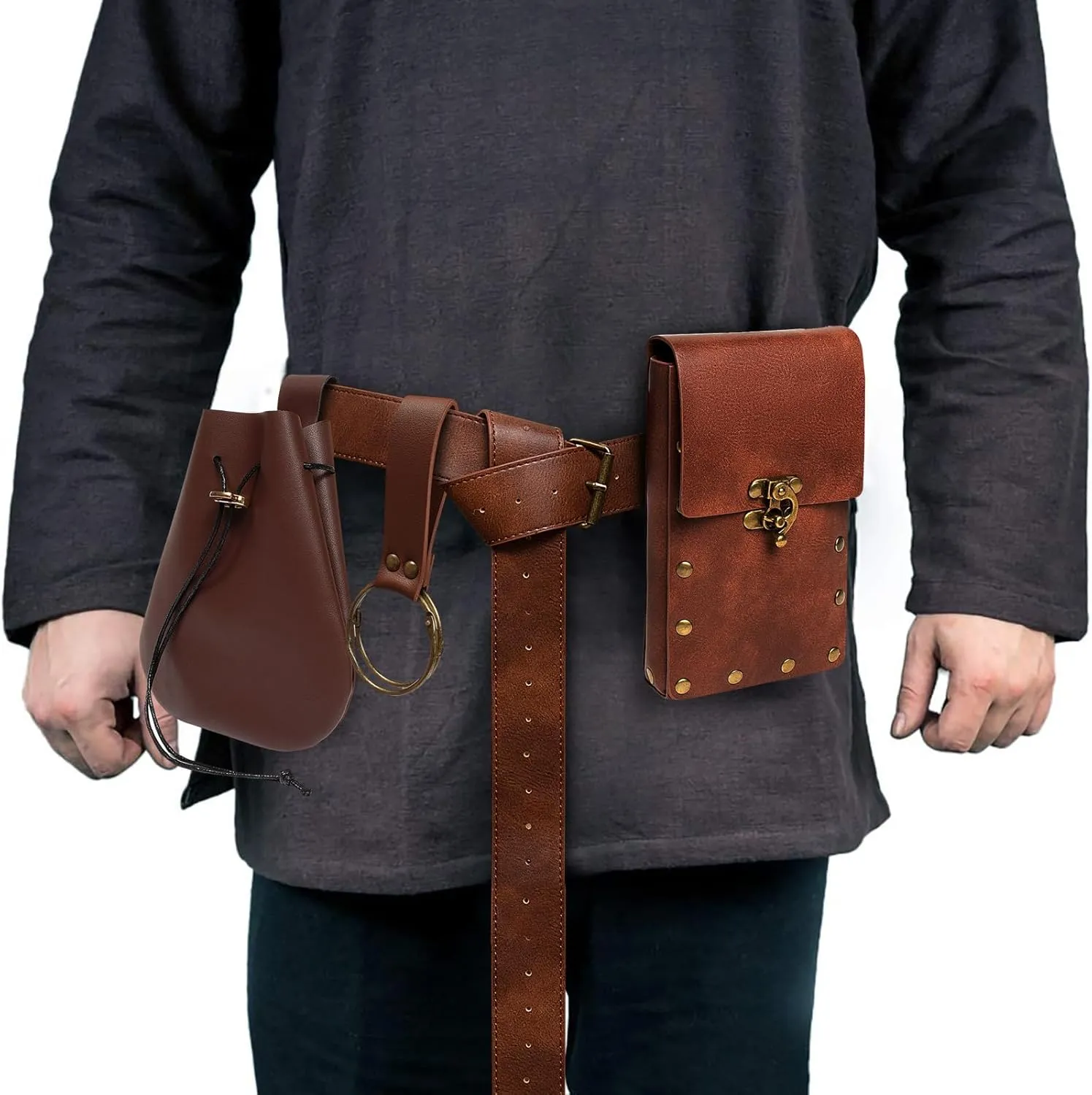 Steampunk Fashion Waist Bag Fanny Pack Belt Pouch Phone Purse Festival Medieval Renaissance Costume Retro Cosplay Accessory (2P-Brown)