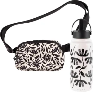 STEEL MILL AND CO. 33 Oz Stainless Steel Travel Water Bottle with Lid and Straw Bundle with Cute Crossbody Zipper Sling Bag (Hand Drawn Black Floral)