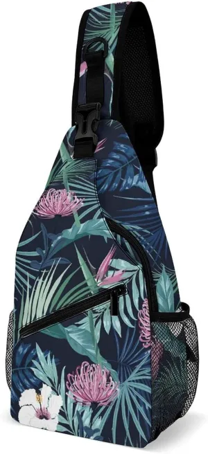Stylish-dark-tropical-flower Print Crossbody Sling Bag for Women Men Travel Chest Bag, Cycling Shoulder Backpack, 38x20cm, Style