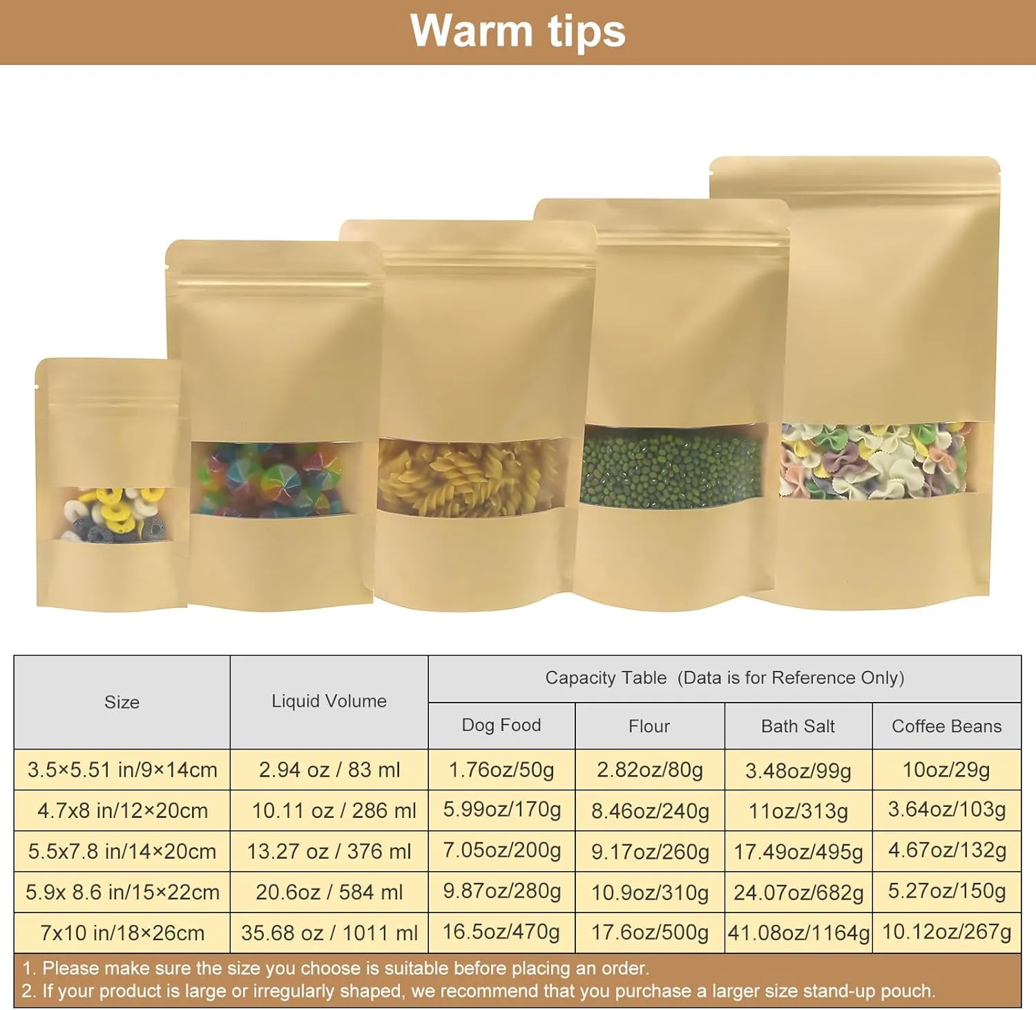 SumDirect Kraft Food Bags with Window - Resealable Kraft Stand Up Pouches, 50Pack 4.7x7.8inches Zipper Food Storage Bags for Packaging