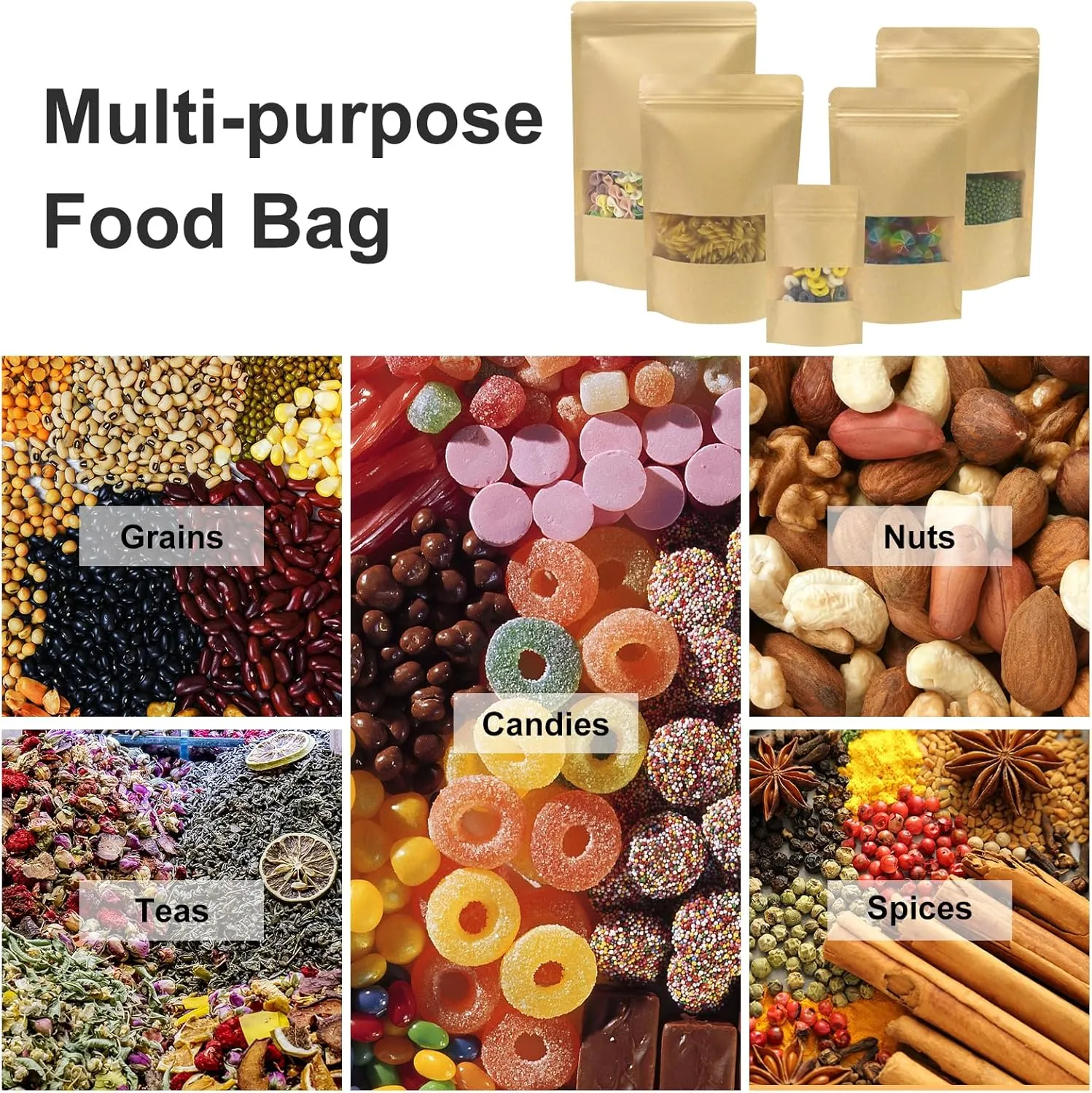 SumDirect Kraft Food Bags with Window - Resealable Kraft Stand Up Pouches, 50Pack 4.7x7.8inches Zipper Food Storage Bags for Packaging