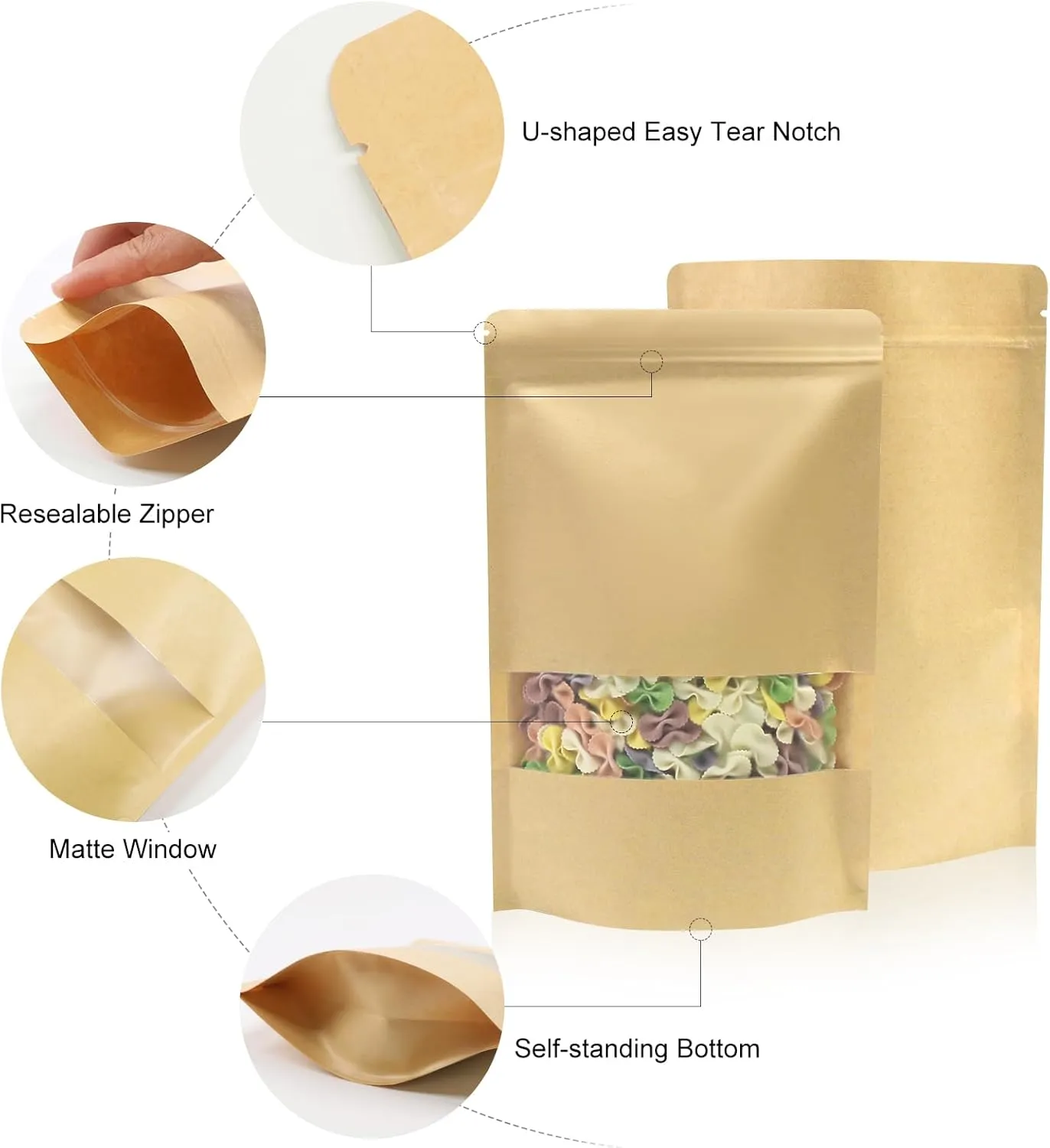 SumDirect Kraft Food Bags with Window - Resealable Kraft Stand Up Pouches, 50Pack 4.7x7.8inches Zipper Food Storage Bags for Packaging