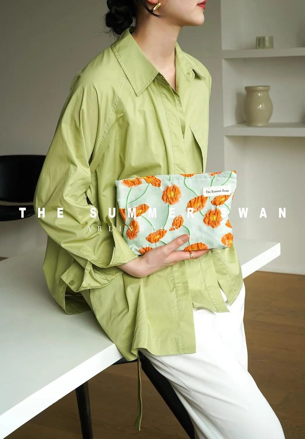 Summer Swan | Large Floral Mid-day Clutch | Period Kit & Hygiene Bag | Skincare Bag | Cute Color Block Floral Orange