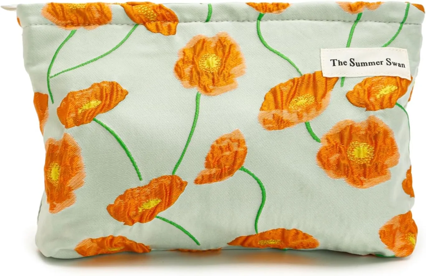 Summer Swan | Large Floral Mid-day Clutch | Period Kit & Hygiene Bag | Skincare Bag | Cute Color Block Floral Orange