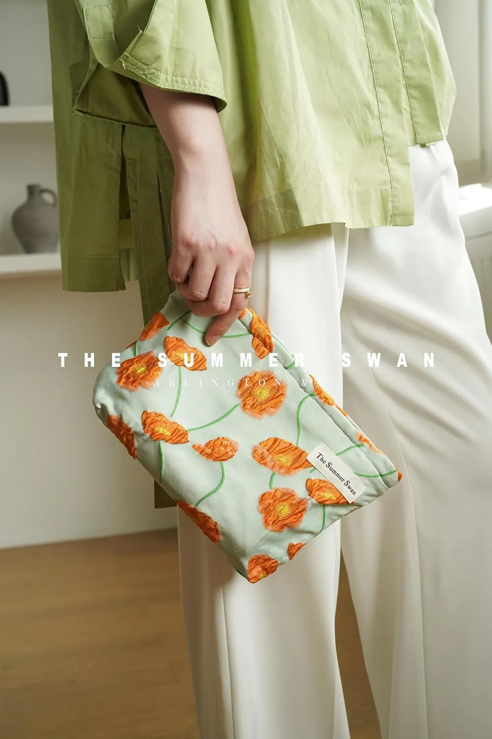 Summer Swan | Large Floral Mid-day Clutch | Period Kit & Hygiene Bag | Skincare Bag | Cute Color Block Floral Orange