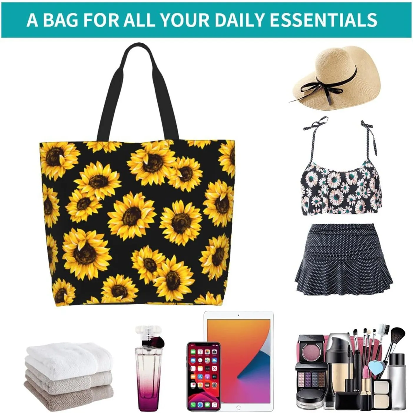 Sunflower Tote Bag For Women, Waterproof Shoulder Bags Big Reusable Grocery Handbag For Shopping Picnic Work Beach