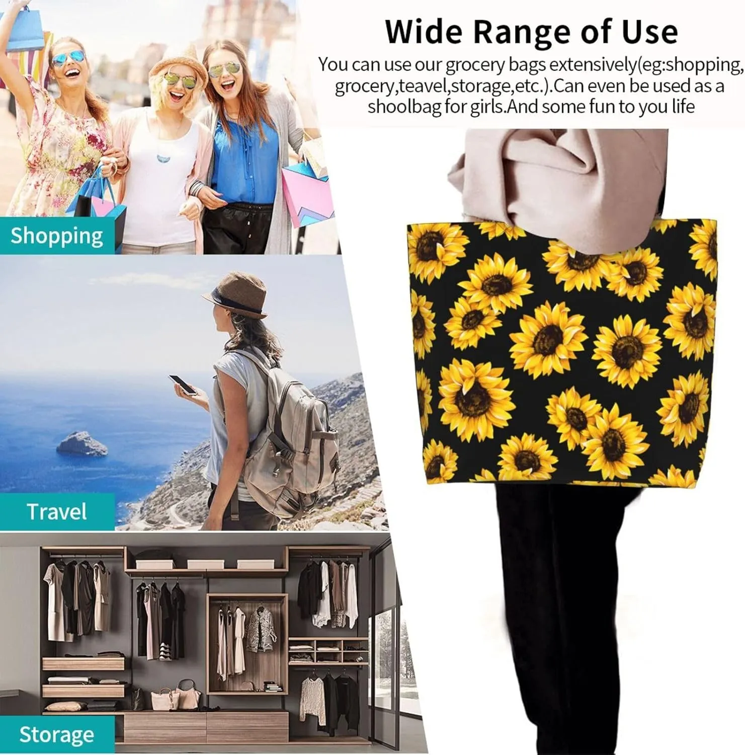 Sunflower Tote Bag For Women, Waterproof Shoulder Bags Big Reusable Grocery Handbag For Shopping Picnic Work Beach