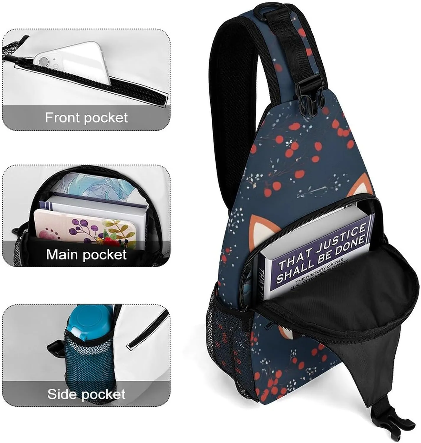 Supdreamc Casual Sling Bag Backpack, Daypack, Cute Fox Art Shoulder Chest Crossbody Bag, Bookbag, Travel Backpack Camping Outdoor Bag for Man/Women/College