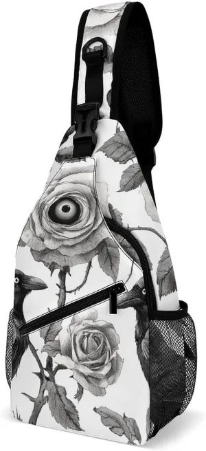Supdreamc Men & Women Black And White Crow Sling Bag Backpack Outdoor Sport Daypack Travel Bag - Multipurpose Anti-Theft Tactical Satchel, Unbalance Chest Bag Rucksack